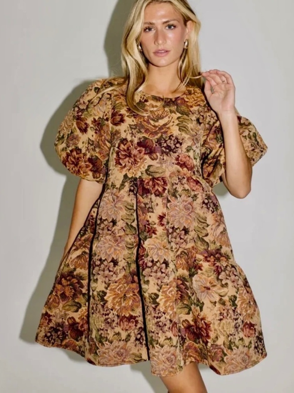 NEW Shop Zoco Floral Woven Tapestry Jacquard Babydoll Puff Sleeve Mini Dress M